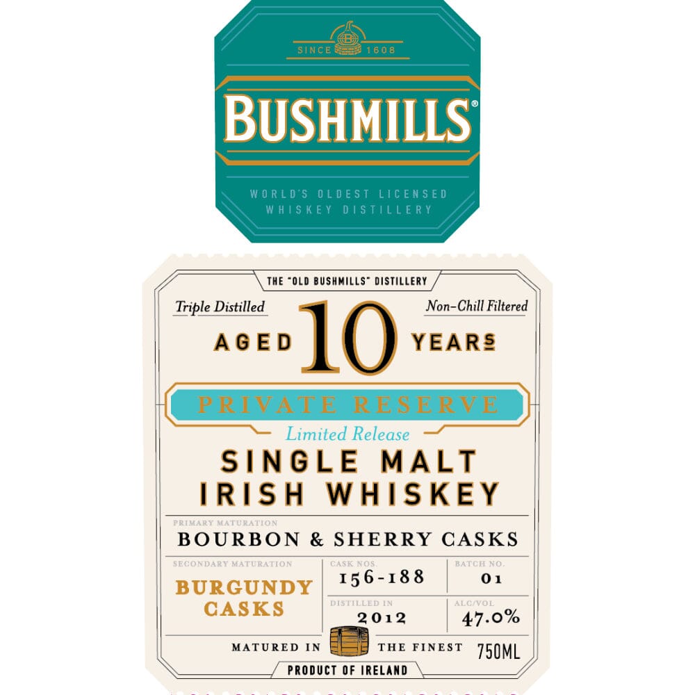Bushmills 10 Year Old Private Reserve Burgundy Cask Finished Irish whiskey Bushmills