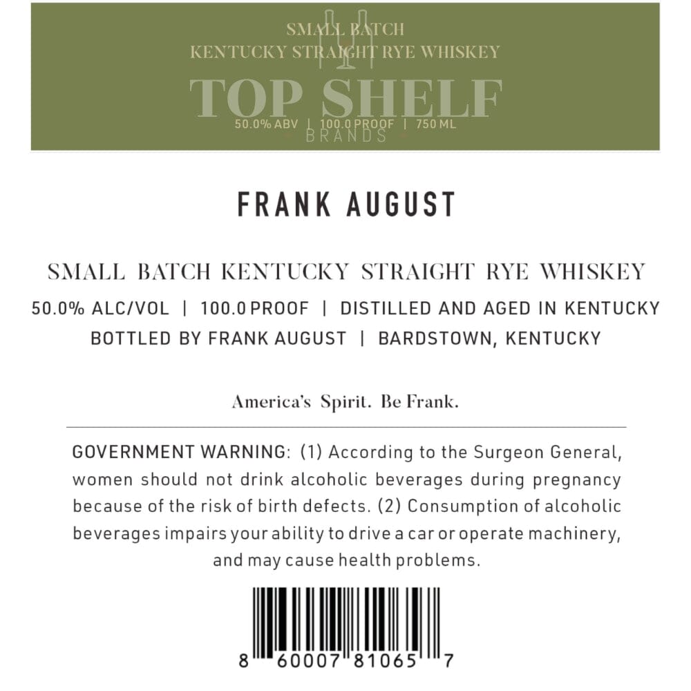 Frank August Small Batch Straight Rye Whiskey Rye Whiskey Frank August