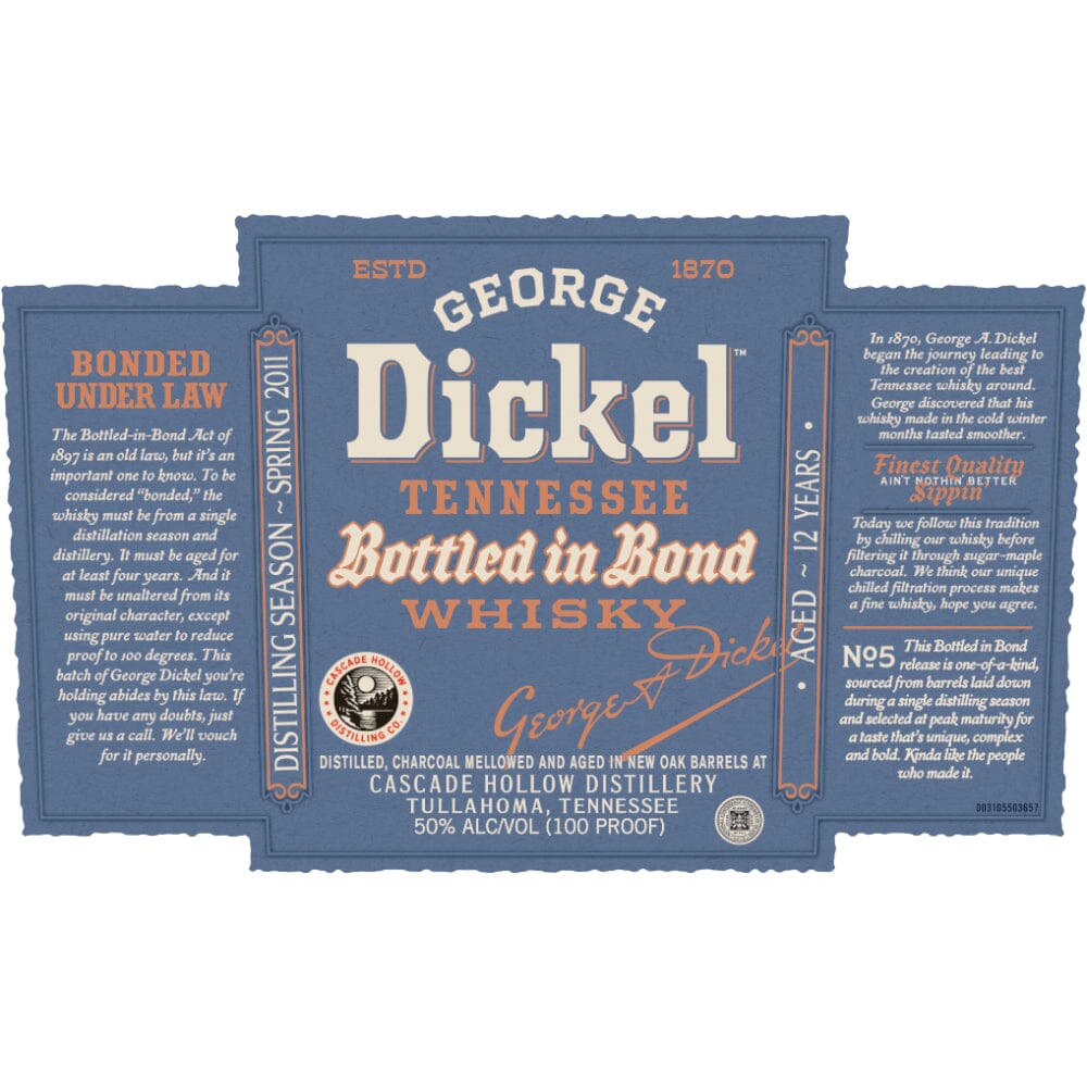 George Dickel 12 Year Old Bottled in Bond Tennessee Whisky Tennessee Whiskey George Dickel