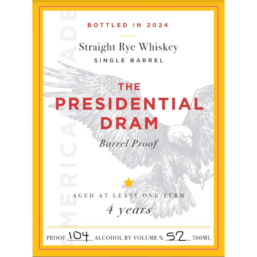 The Presidential Dram 4 Year Old Rye 2024 Release Straight Rye Whiskey Proof and Wood