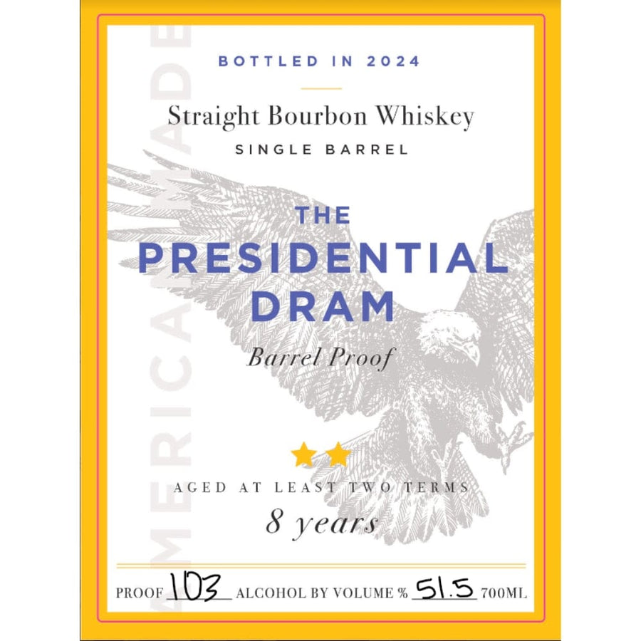 The Presidential Dram 8 Year Old Bourbon 2024 Release Straight Bourbon Whiskey Proof and Wood