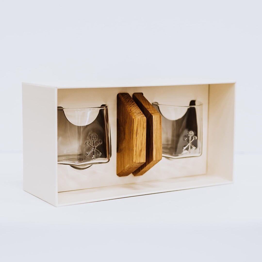 Pappy & Company Spinning Glass Set with Barrel Stave Coasters Home & Bar Pappy & Company