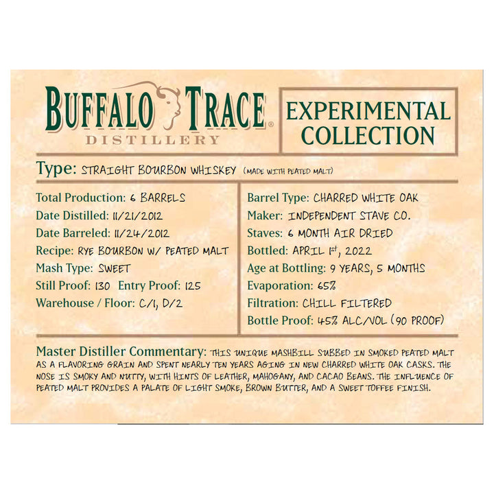 Buffalo Trace Experimental Collection Straight Bourbon Whiskey Made With Peated Malt Straight Bourbon Whiskey Buffalo Trace