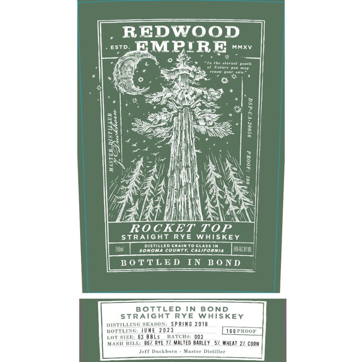 Redwood Empire Rocket Top Rye Bottled In Bond Batch 003 Rye Whiskey Redwood Empire Whiskey