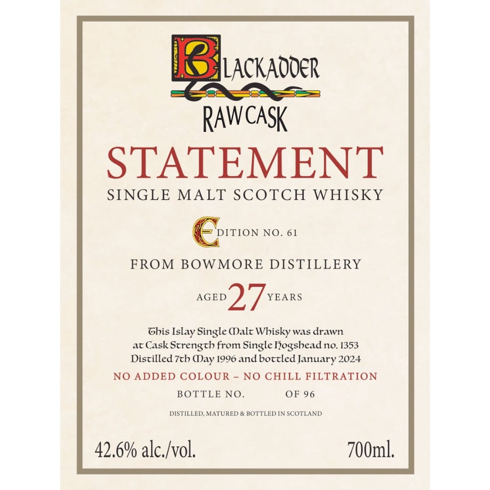 Blackadder Raw Cask Statement Bowmore 27 Year Old Scotch Blackadder 