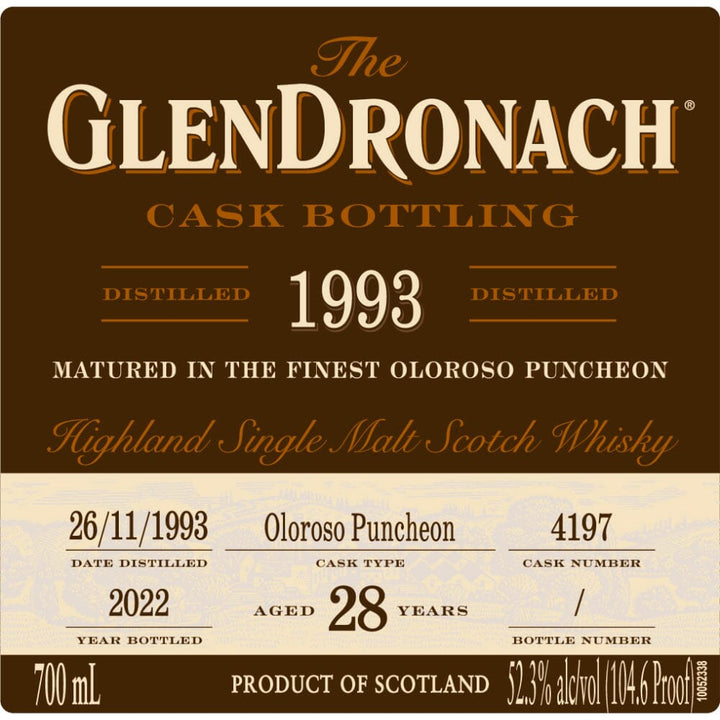 Glendronach 28 Year Old 1993 Cask #4197 Single Malt Scotch Whisky 700ml Scotch Glendronach 