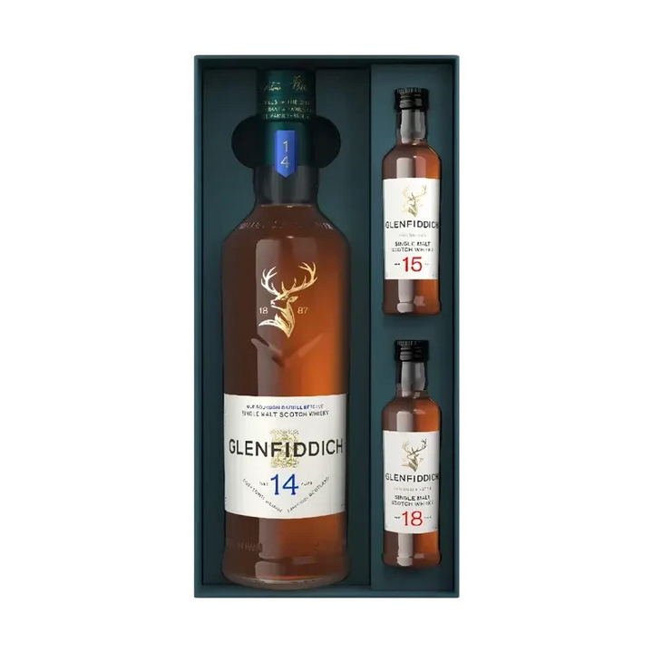 Glenfiddich 14 Year Single Malt Scotch Whisky Limited Edition Gift Set with 15 & 18 Year 50mL Single Malt Scotch Whisky Glenfiddich 