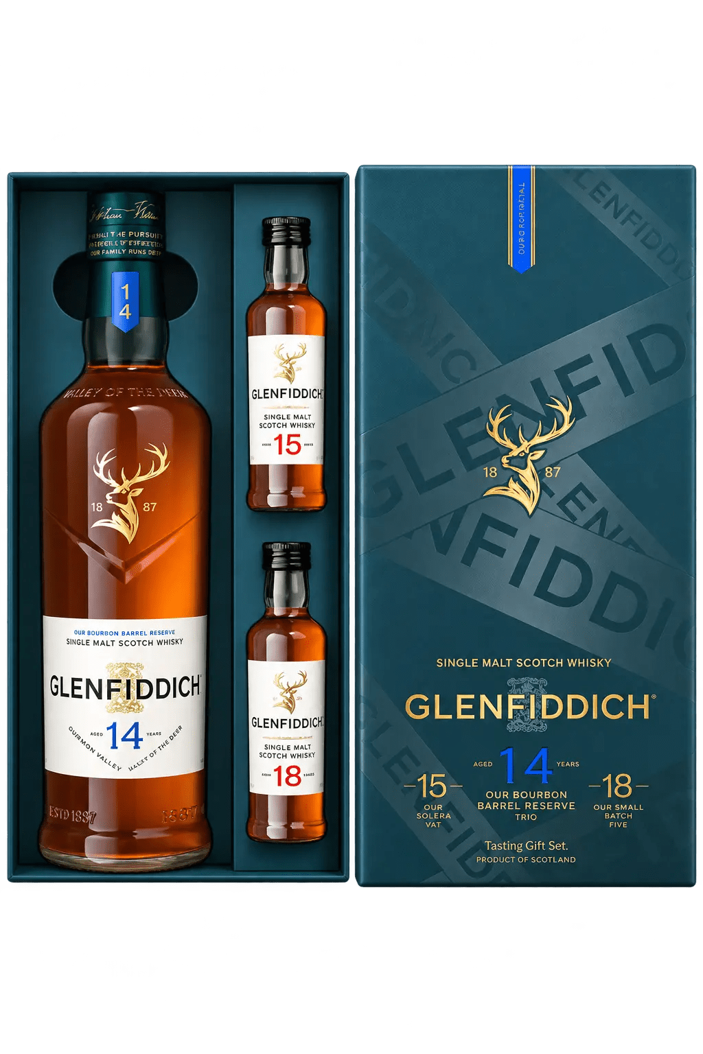 Glenfiddich 14 Year Single Malt Scotch Whisky Limited Edition Gift Set with 15 & 18 Year 50mL Single Malt Scotch Whisky Glenfiddich 