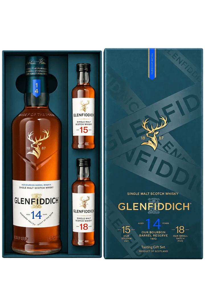 Glenfiddich 14 Year Single Malt Scotch Whisky Limited Edition Gift Set with 15 & 18 Year 50mL Single Malt Scotch Whisky Glenfiddich 