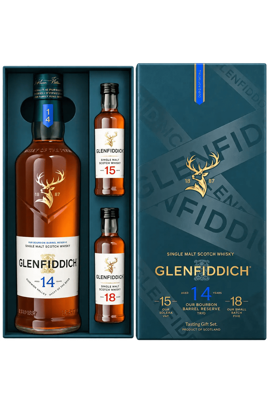 Glenfiddich 14 Year Single Malt Scotch Whisky Limited Edition Gift Set with 15 & 18 Year 50mL Single Malt Scotch Whisky Glenfiddich 
