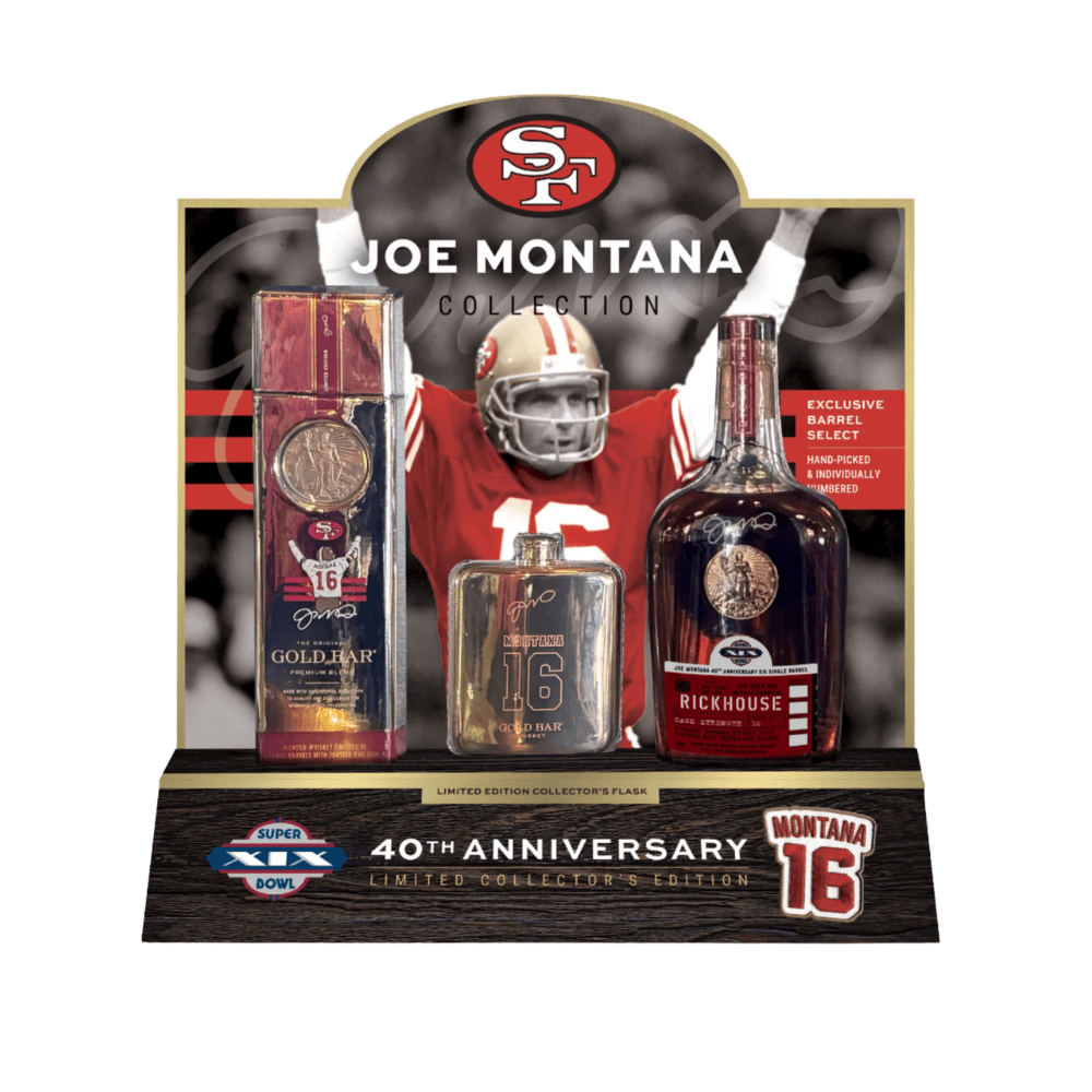 Gold Bar Whiskey 40th Anniversary Joe Montana Single Barrel Select Gift Set w/ Limited Edition 49ers Bucket Hat Whiskey Gift Set Gold Bar Whiskey 