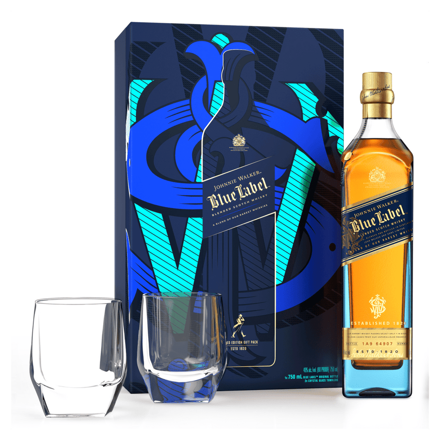 Johnnie Walker Blue Label whisky with packaging, bottle, and glasses on a white background