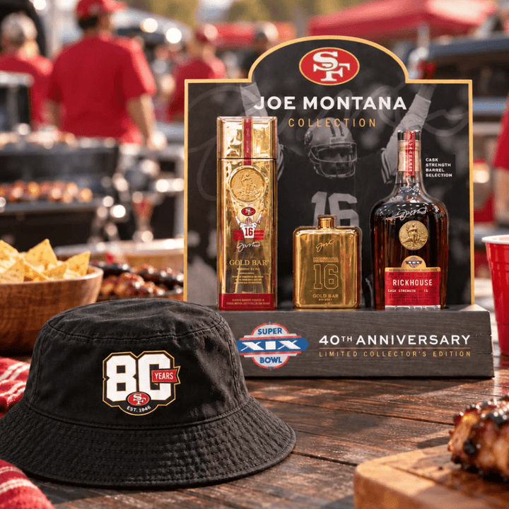 Gold Bar Whiskey 40th Anniversary Joe Montana Single Barrel Select Gift Set w/ Limited Edition 49ers Bucket Hat Whiskey Gift Set Gold Bar Whiskey 