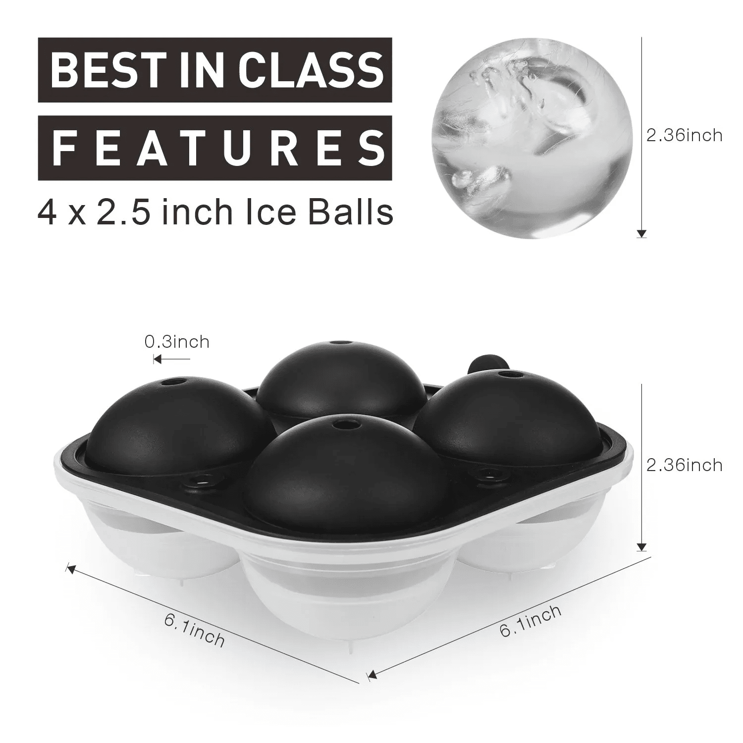 Ticent Whiskey Ice Ball Mold - 2.5 Inch Large Round Ice Cube Mold, Easy  Release Silicone Ice Cube Tray with Lid Ice Ball Maker for Cocktails,  Bourbon(Black) 