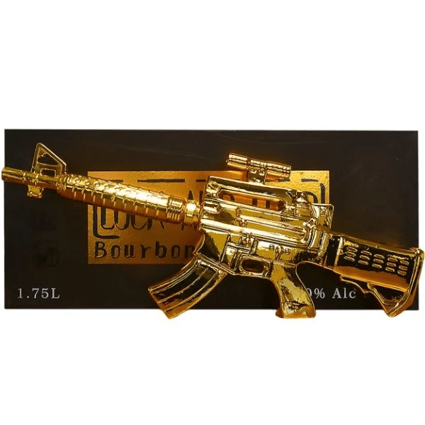 Lock And Load Bourbon Whiskey Gold Rifle Set 1.75L — collector's edition bottle shaped as a gold AR-15 rifle on black display board
