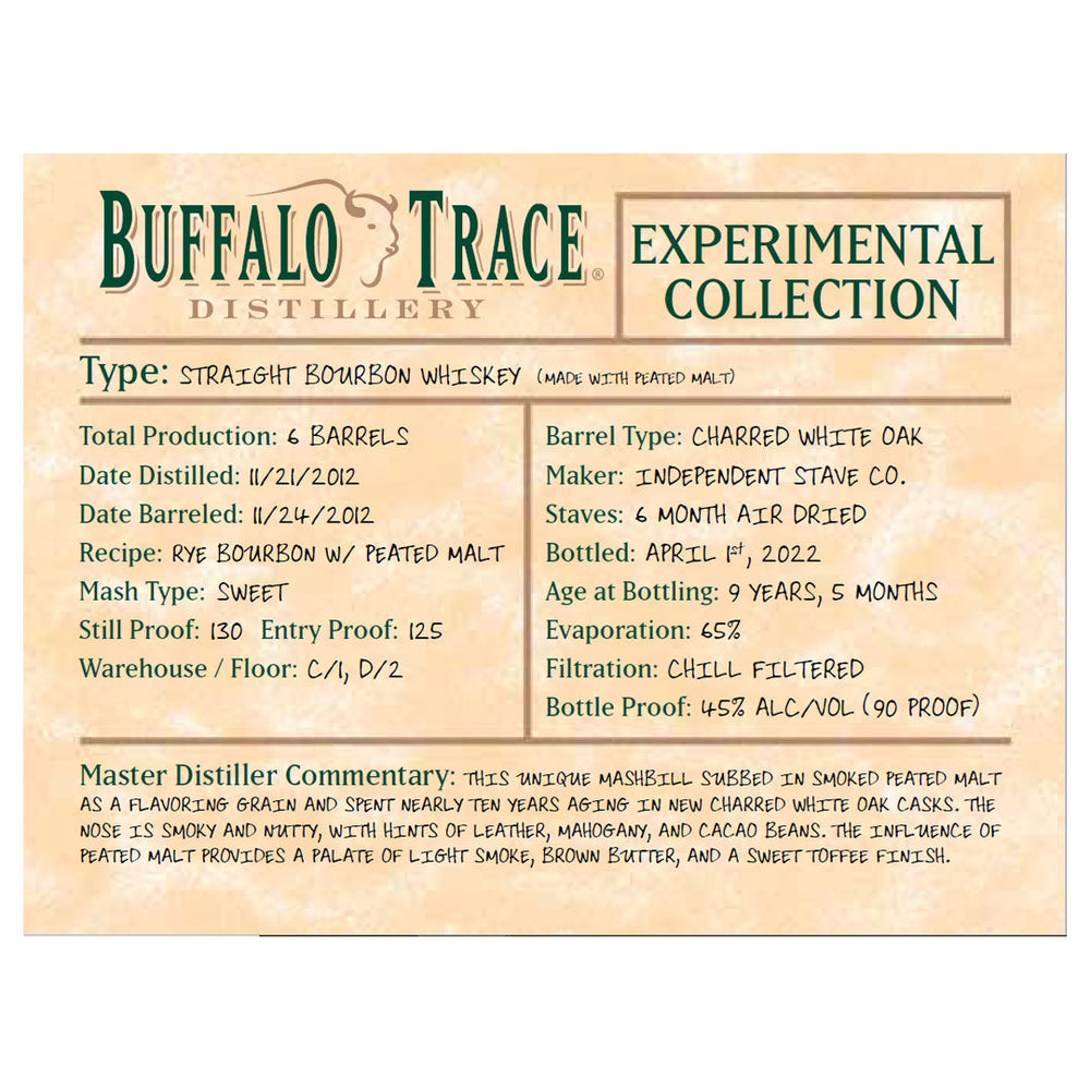 Buffalo Trace Experimental Collection Straight Bourbon Whiskey Made With Peated Malt Straight Bourbon Whiskey Buffalo Trace 