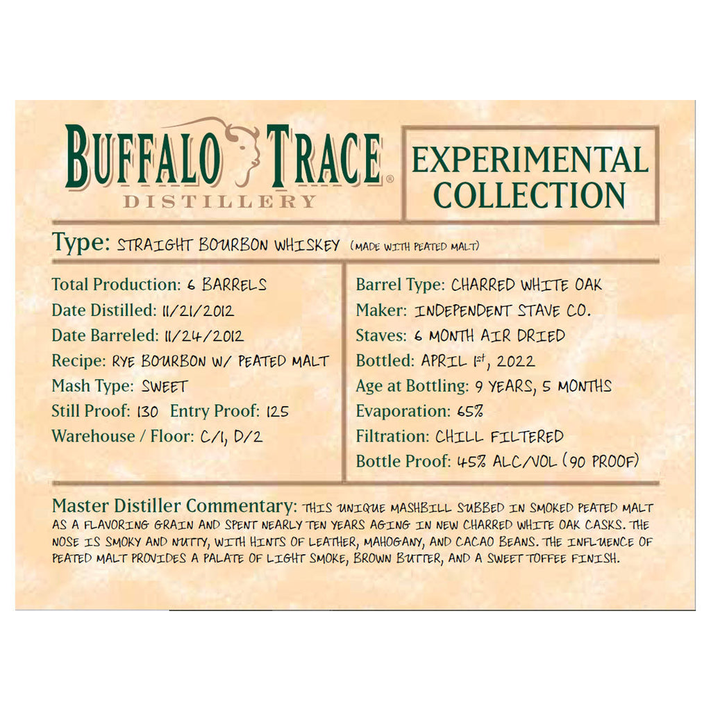 Buffalo Trace Experimental Collection Straight Bourbon Whiskey Made With Peated Malt Straight Bourbon Whiskey Buffalo Trace 
