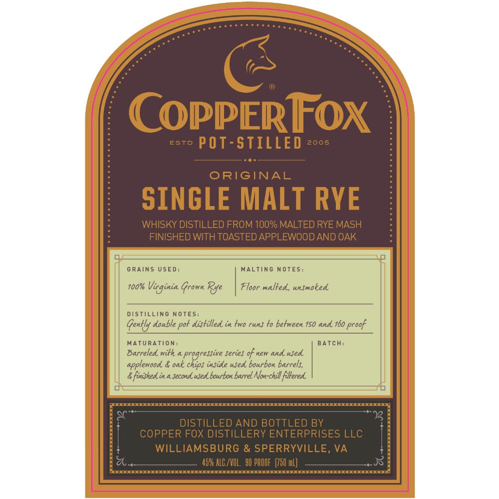 Copper Fox Original Single Malt Rye Whiskey Rye Whiskey Copper Fox Distillery 