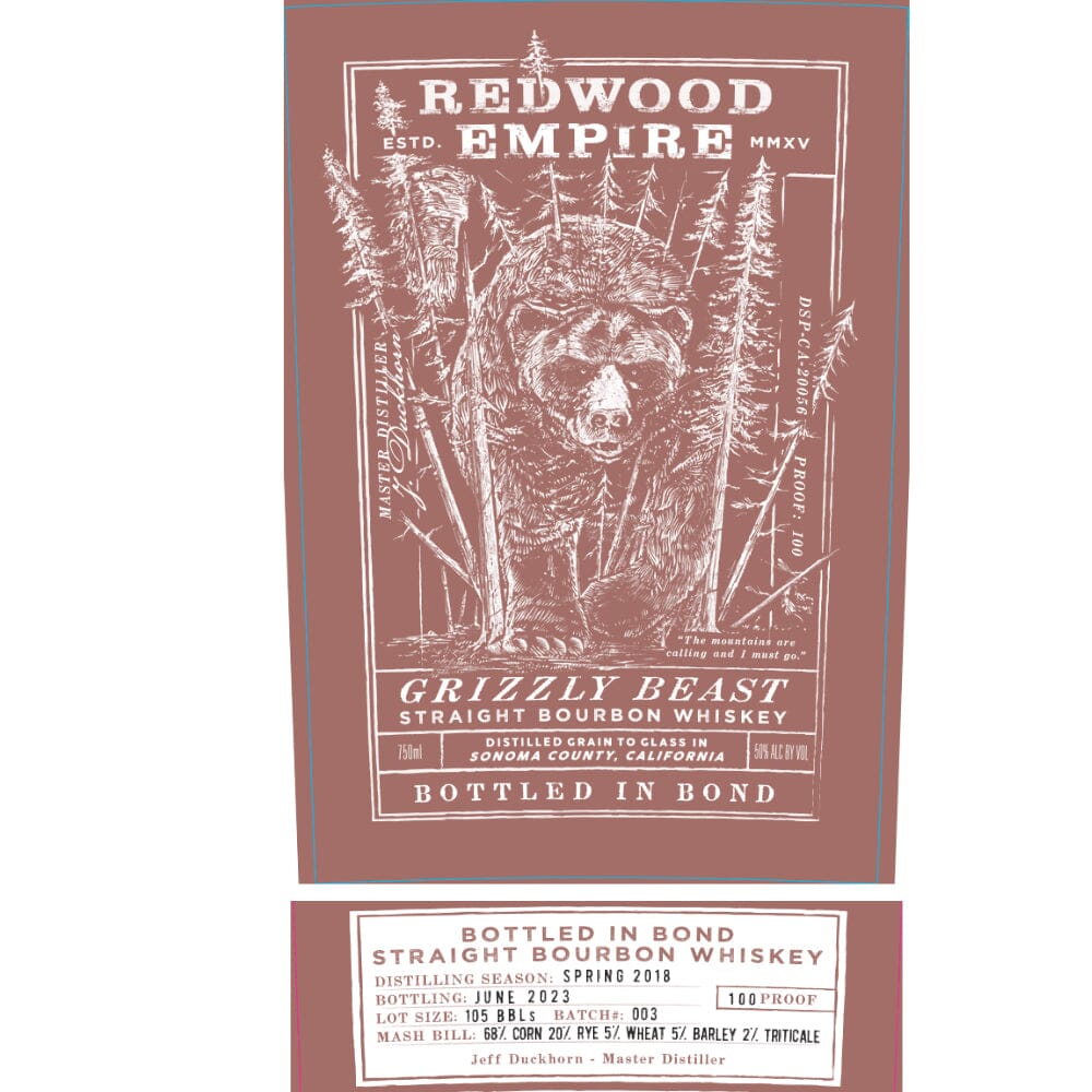 Redwood Empire Grizzly Beast Bourbon Bottled In Bond Batch 003 Redwood Empire Whiskey 