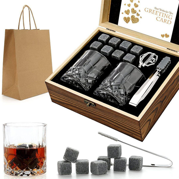 Whiskey Stones Gift Set with Wooden Box, Whiskey Glass Set of 2,Granite  Chilling Whiskey Rocks with accessories,Drinking Gifts for Men Dad Husband  Birthday Party Holiday Present